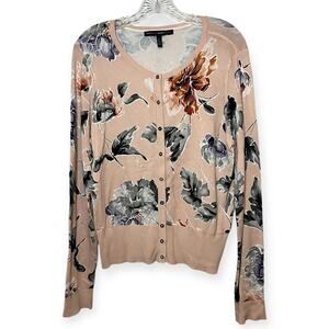 White House Black Market Floral Button Front Cardigan Sweater Blush Pink Size L